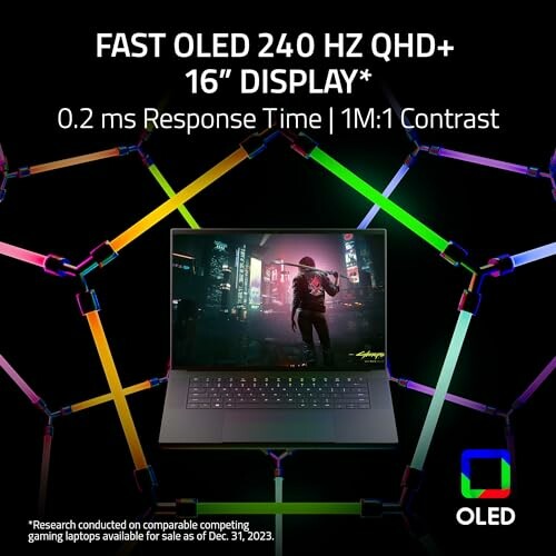 Laptop with fast OLED 240 Hz QHD+ 16-inch display, featuring 0.2 ms response time and 1M:1 contrast.