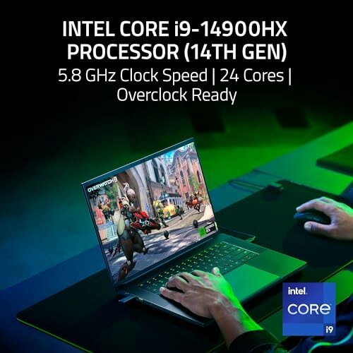 Gaming laptop with Intel Core i9-14900HX processor, 14th Gen, 5.8 GHz, 24 cores, overclock ready.