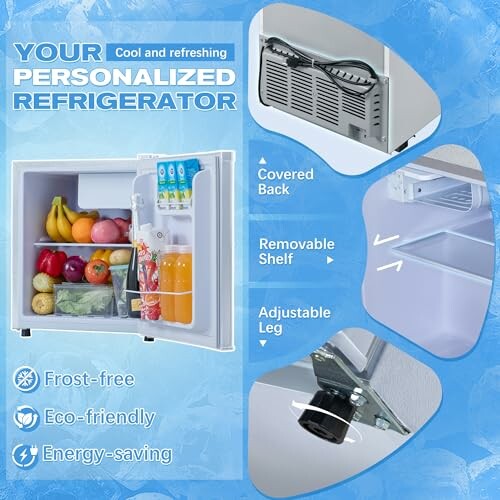 Personalized refrigerator with covered back, removable shelf, adjustable leg, and eco-friendly features.