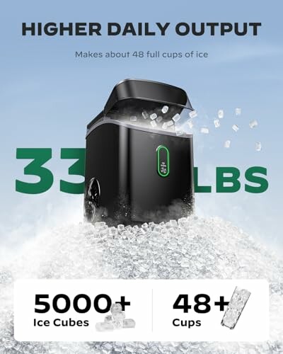 Portable ice maker producing 33 lbs of ice daily with 5000+ cubes and 48+ cups capacity