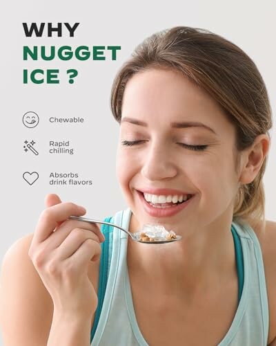 Woman smiling while eating nugget ice with a spoon